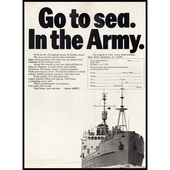1970 US Army Recruiter Recruiting Vintage Print Ad Go to Sea Ship Sailing Photo - Picture 1 of 1